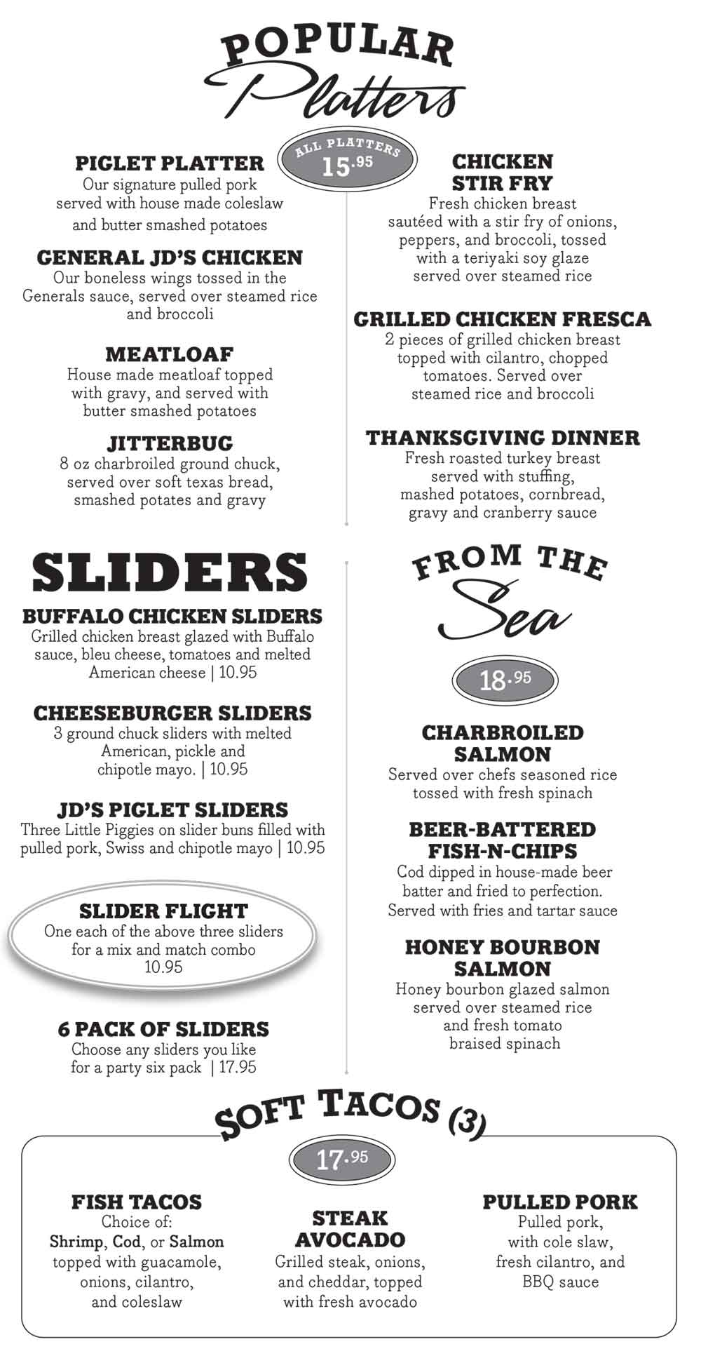 JDs Pub Brew Hooker Ave Platters, Sliders, From The Sea, Tacos October 2023