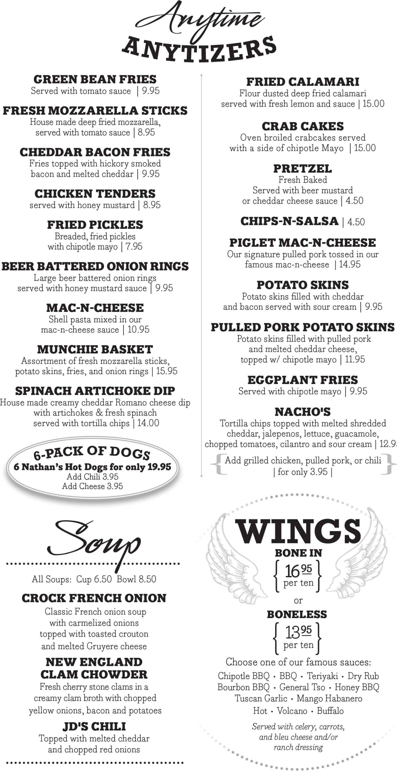 JDs Pub Brew Hooker Ave Appetizers, Soup, Wings January 2026