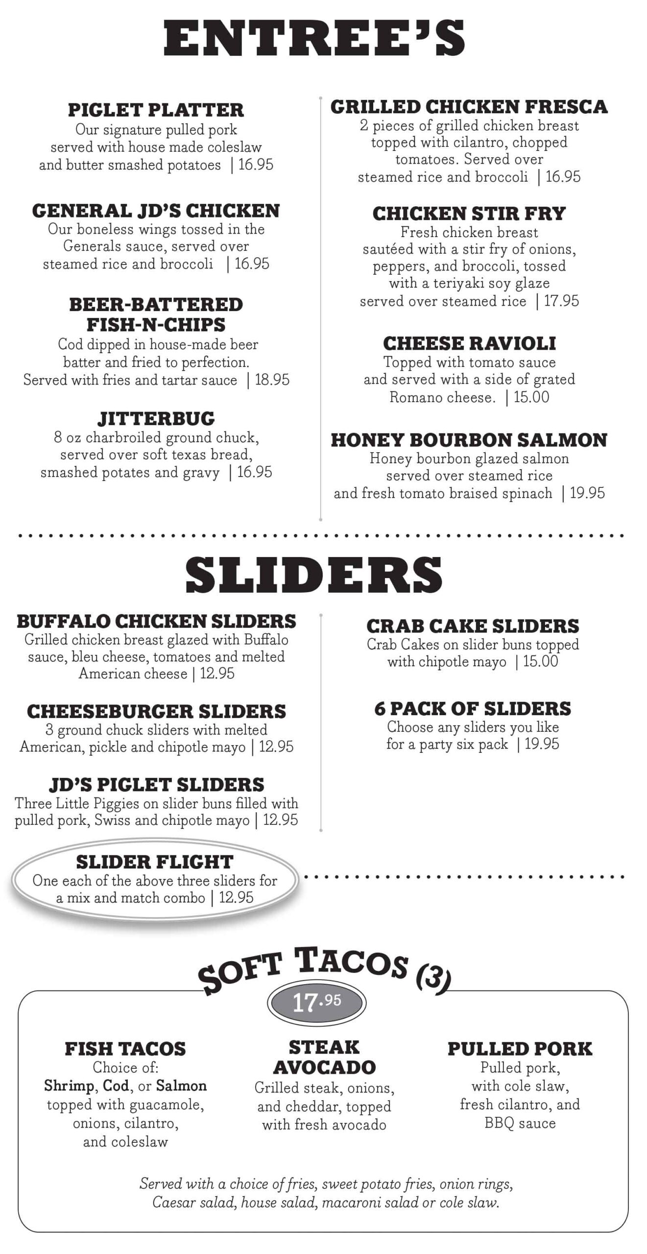 JDs Pub Brew Hooker Ave Entrees, Sliders, Tacos January 2026